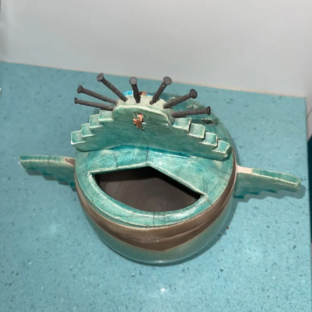 Barbara Heard Ceramic Lantern Signed Bird Head Blue Gray Handmade Pottery Candle